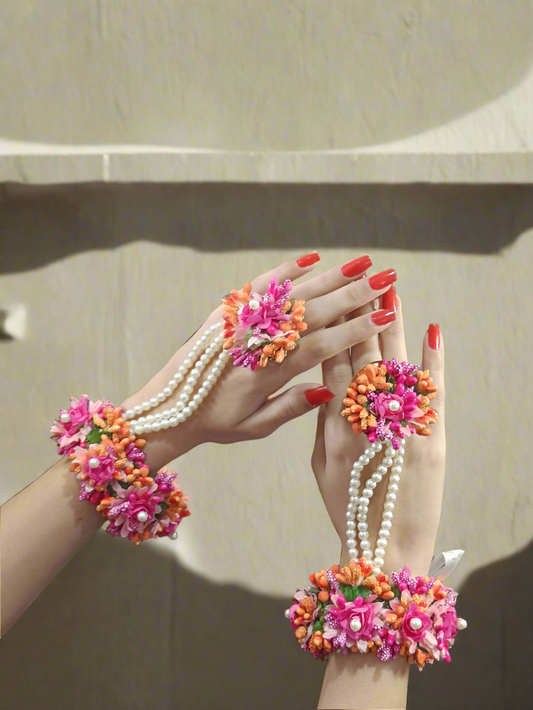 Vibrant Pink & Orange Floral Haath Phool with Pearl String Accents