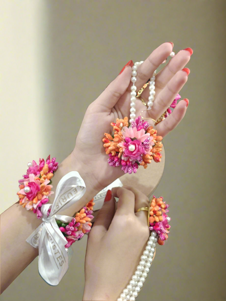 Vibrant Pink and Orange Floral Hathphool Set with Pearl Accents