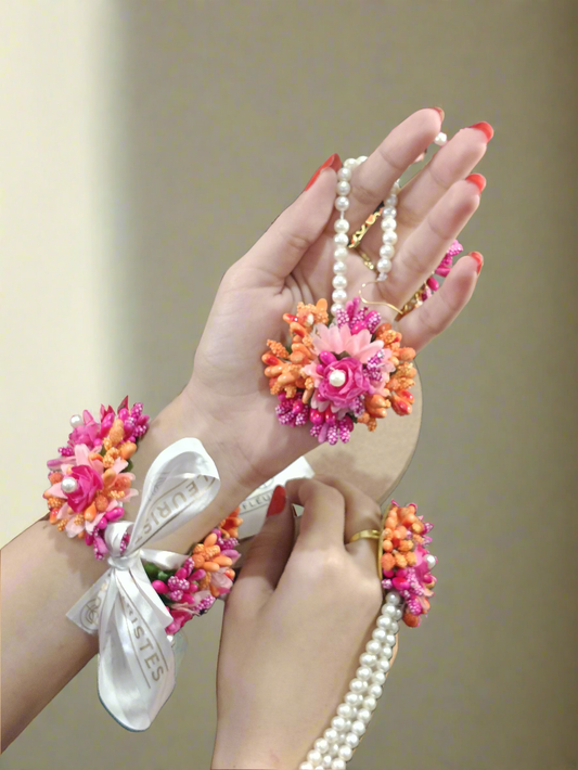 Vibrant Pink and Orange Floral Hathphool Set with Pearl Accents