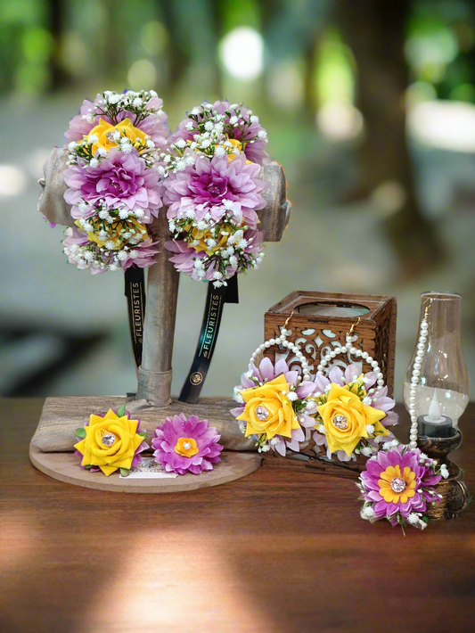 Purple & Yellow Floral Jewellery Set with Matching Gajray