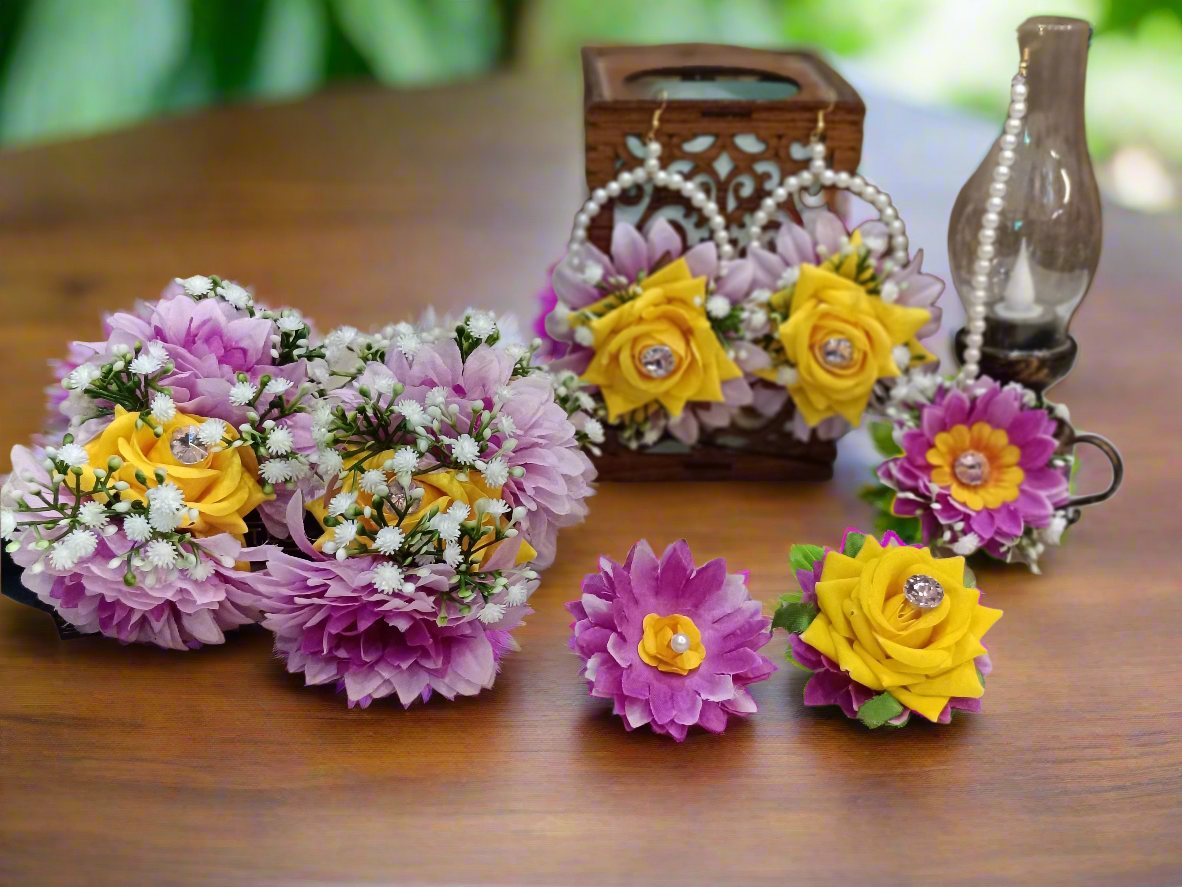 Purple & Yellow Floral Jewellery Set with Matching Gajray