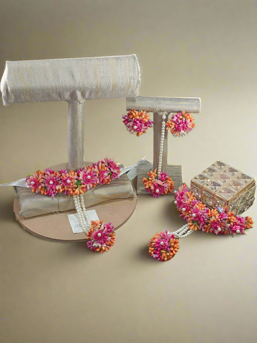 Vibrant Pink and Orange Floral Hathphool Set with Pearl Accents