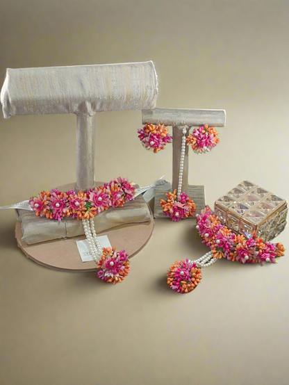 Vibrant Pink and Orange Floral Hathphool Set with Pearl Accents