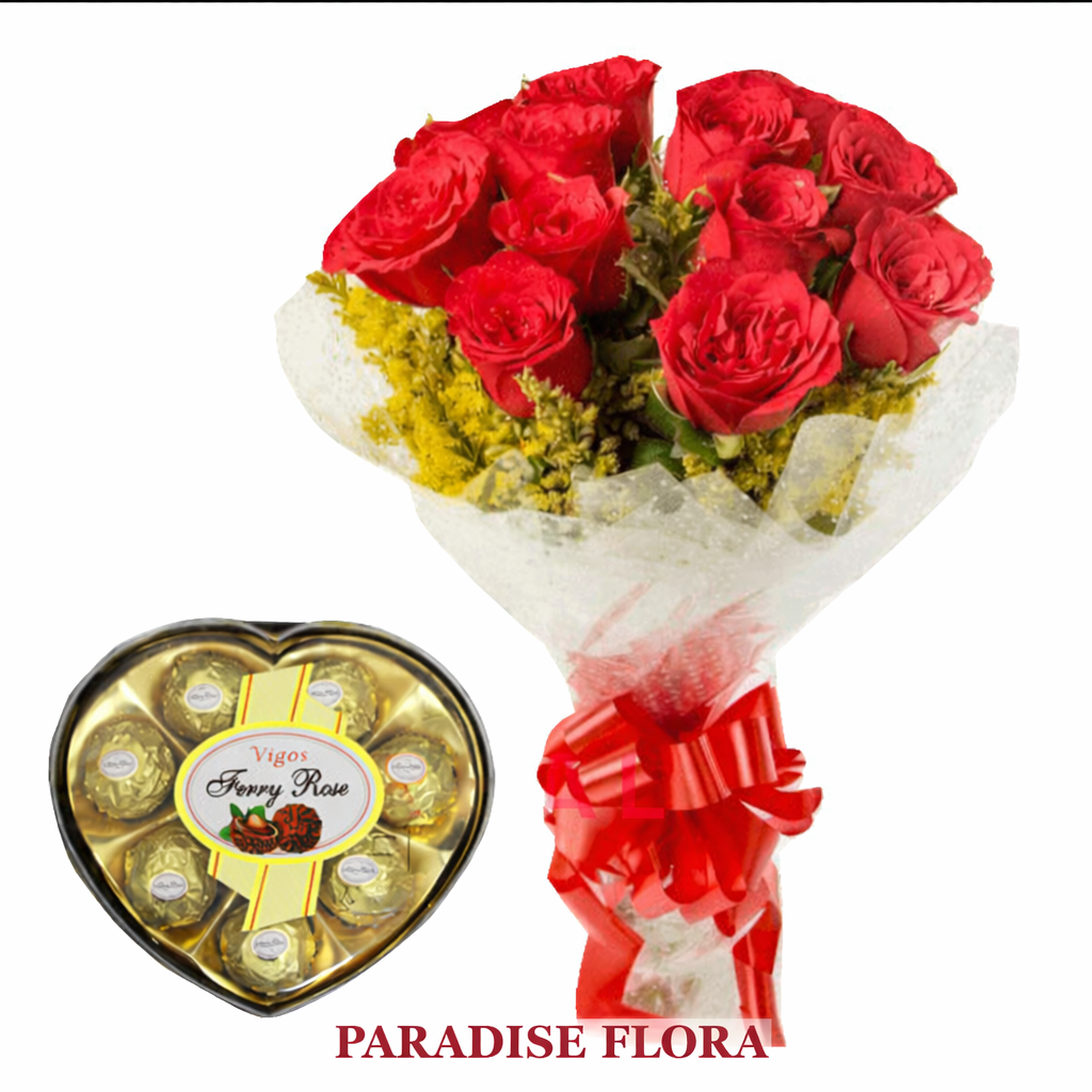 12 Red Roses Bouquet with Heart-Shaped Chocolates