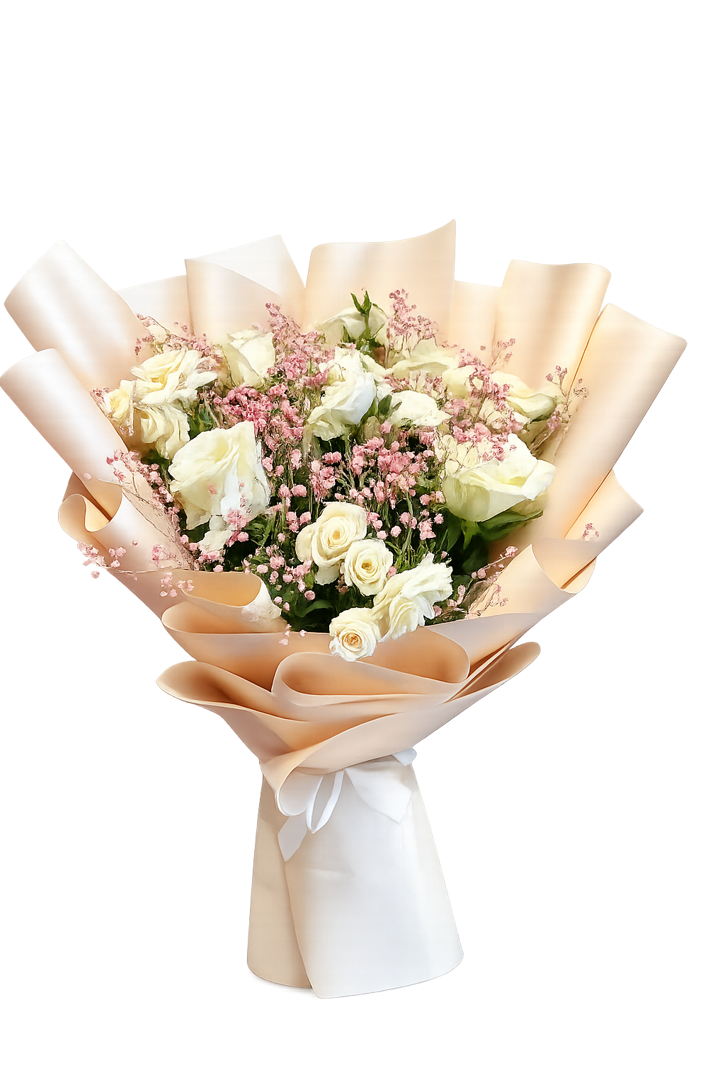 Elegant White Rose & Pink Baby’s Breath Bouquet
