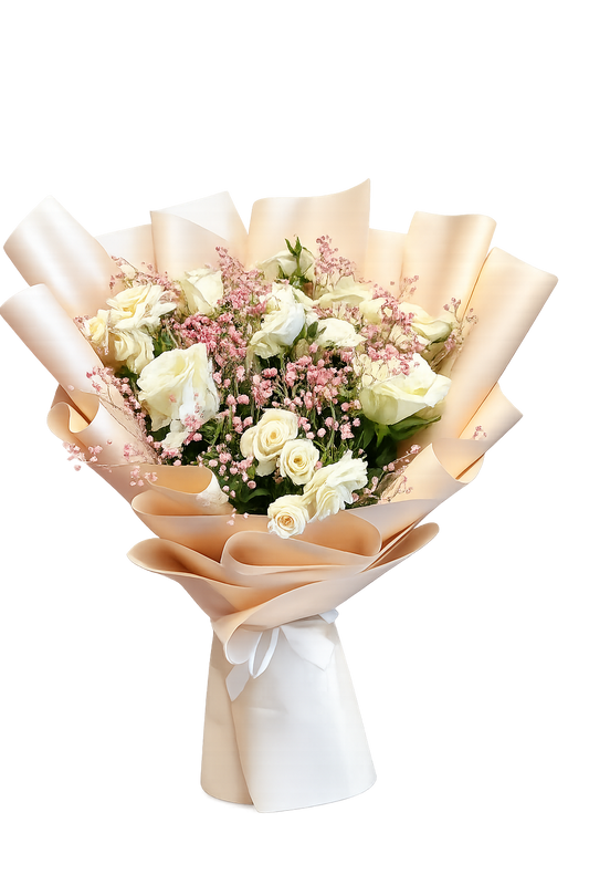 Elegant White Rose & Pink Baby’s Breath Bouquet