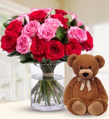Red and Pink Rose Vase Arrangement with Teddy Bear