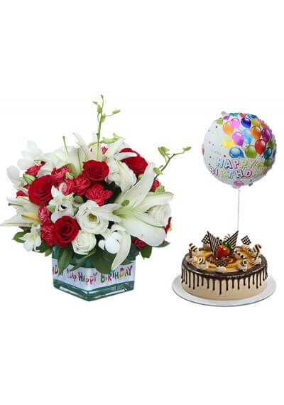 Birthday Celebration Combo: Elegant Floral Cube with Chocolate Drip Cake & Balloon