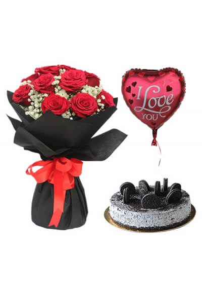 Red Roses Bouquet with Oreo Cake & Love Balloon