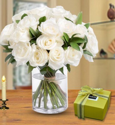 Pure White Roses in Glass Vase with Patchi Chocolates