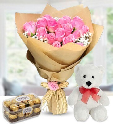 Pink Rose Bouquet with Teddy Bear & Ferrero Rocher
