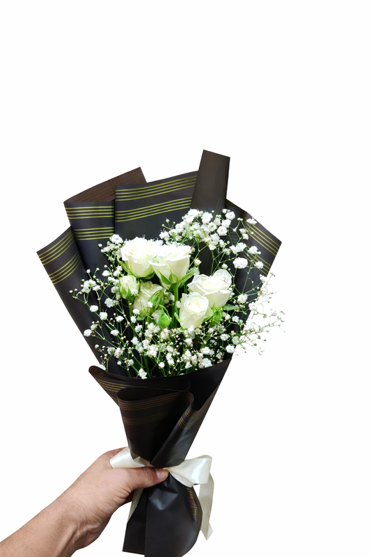 Elegant White Rose & Baby's Breath Bouquet in Midnight Gold Wrap
