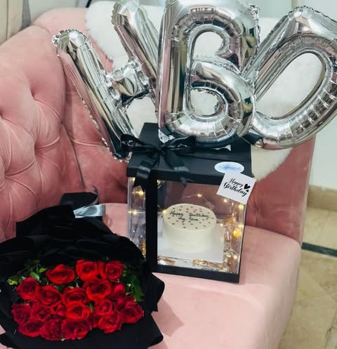 Birthday Silver Balloon, Cake &amp; Red Rose Combo