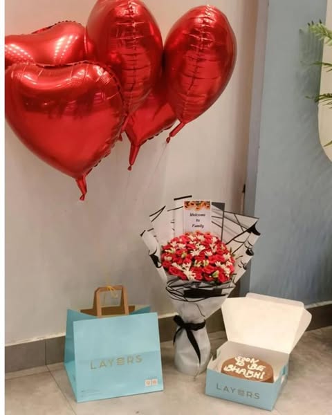 Red & White Flower Bouquet with Heart Balloons & Cake