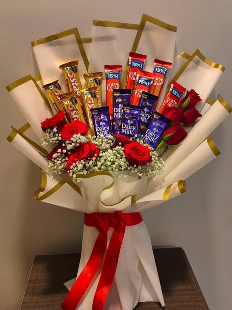 Red Rose & Chocolate Bouquet with Baby Breath