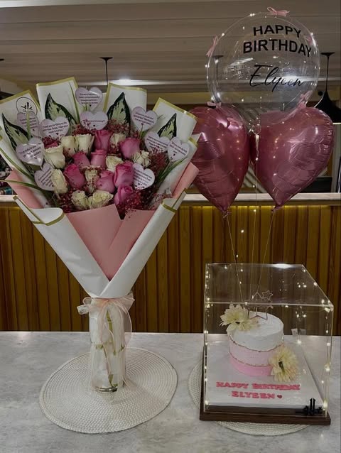 Pink & White Rose Bouquet with Birthday Balloon & Cake