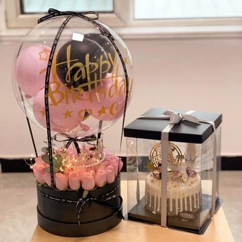 Pink Rose Box with Birthday Balloon & Cake Combo