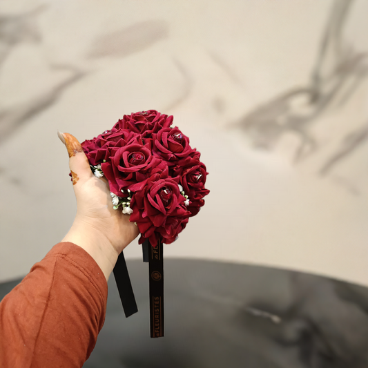 Elegant Maroon Velvet Rose Hand Bouquet with Crystal Centers