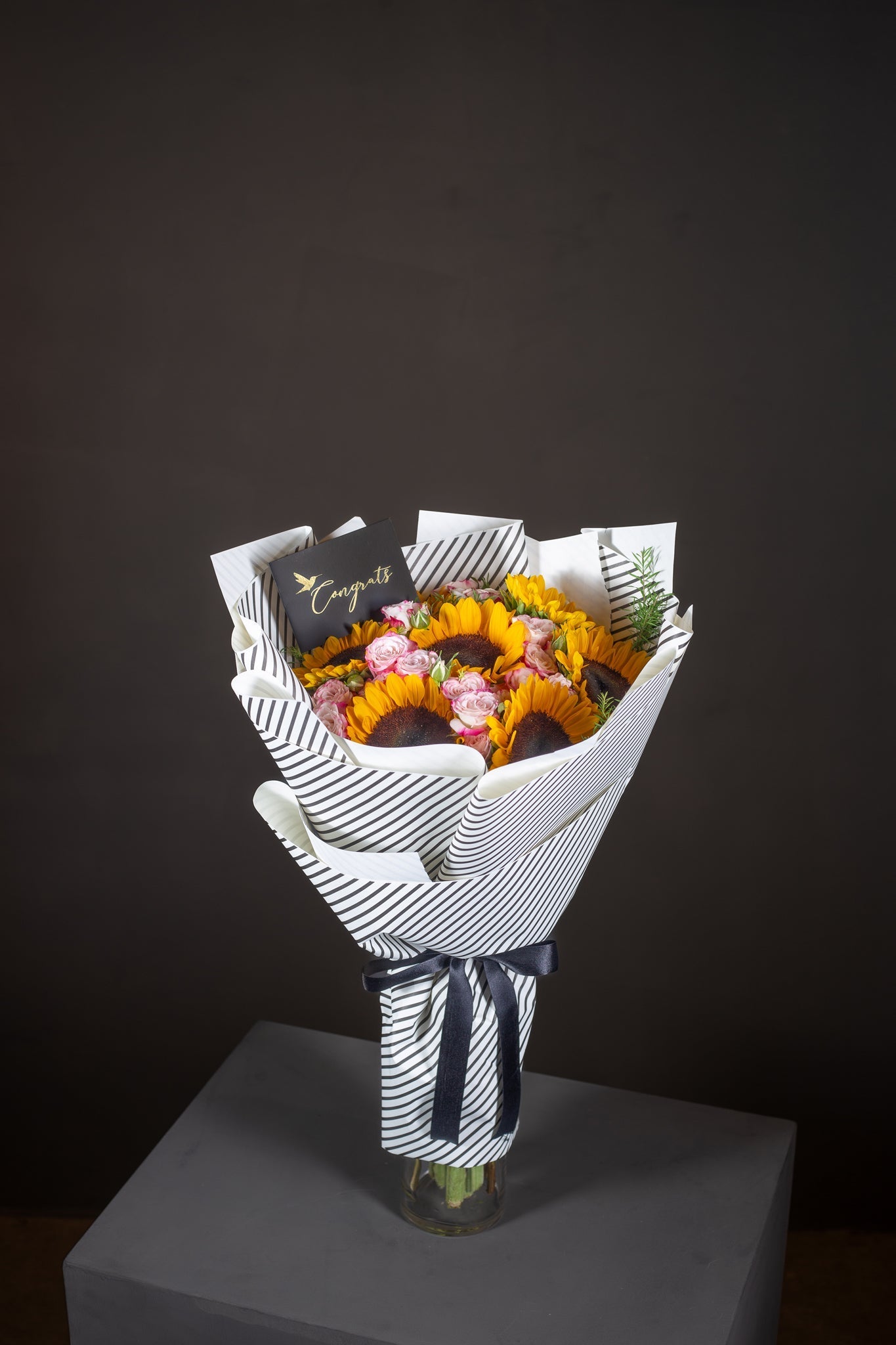 Sun-Kissed Joy: Sunflower and Pink Mini Rose Bouquet