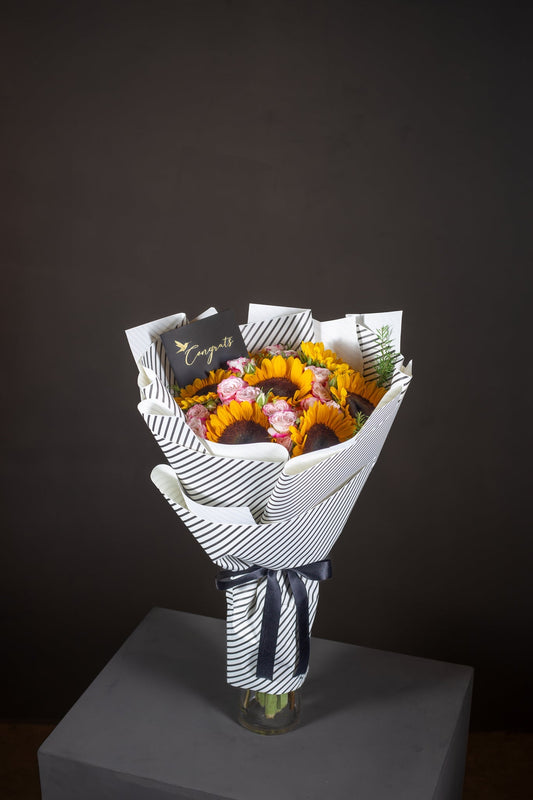 Sun-Kissed Joy: Sunflower and Pink Mini Rose Bouquet