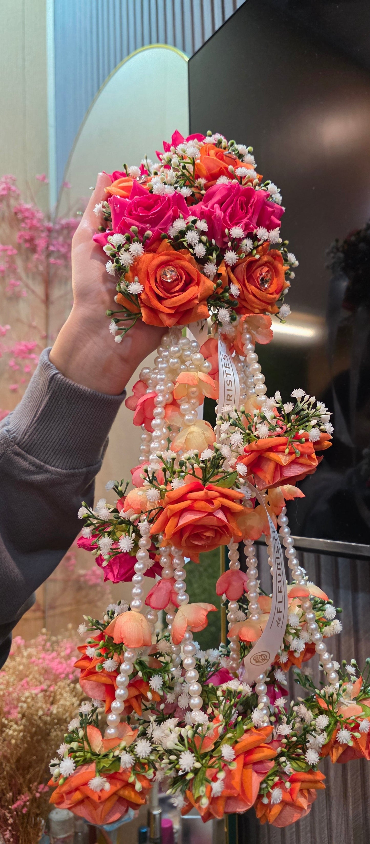Vibrant Orange & Pink Floral Kaleere with Pearl Strings