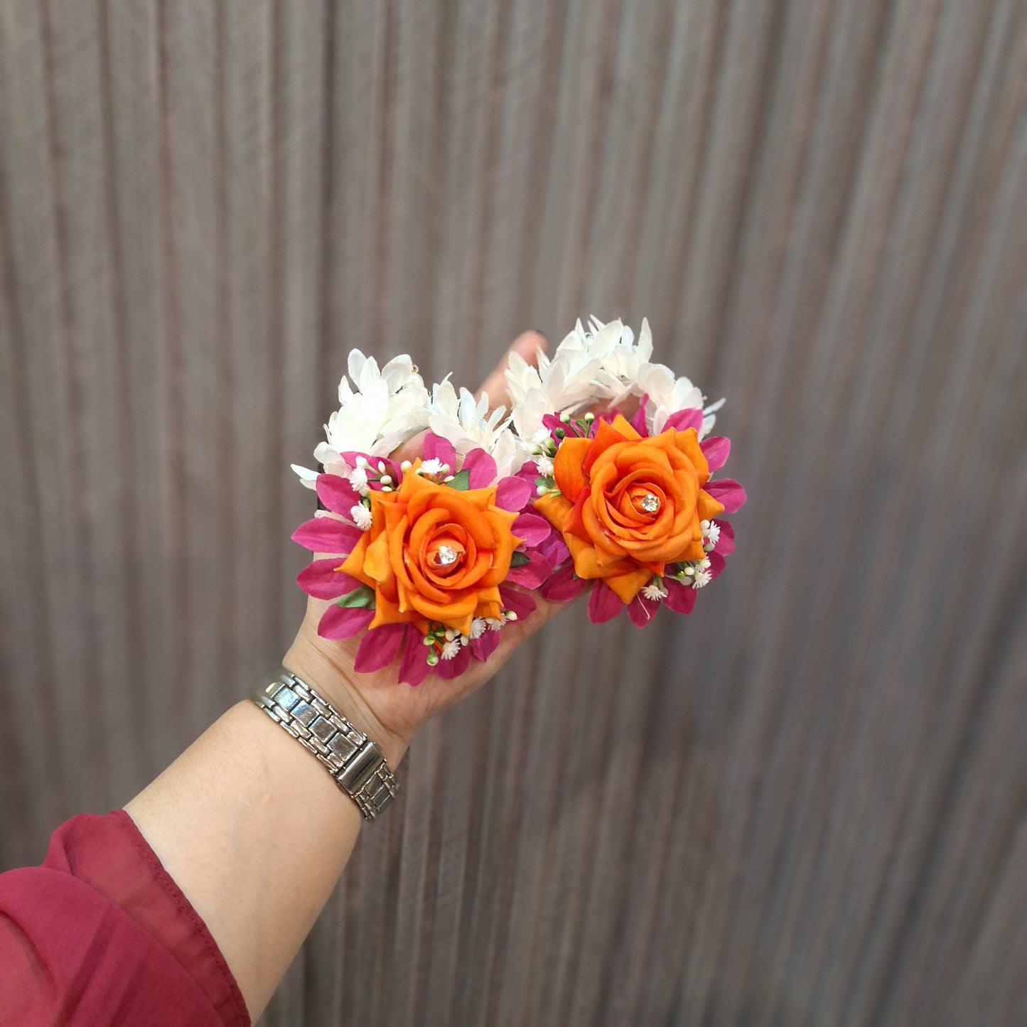 Handcrafted Orange & Magenta Floral Jewellery Set with Gajray