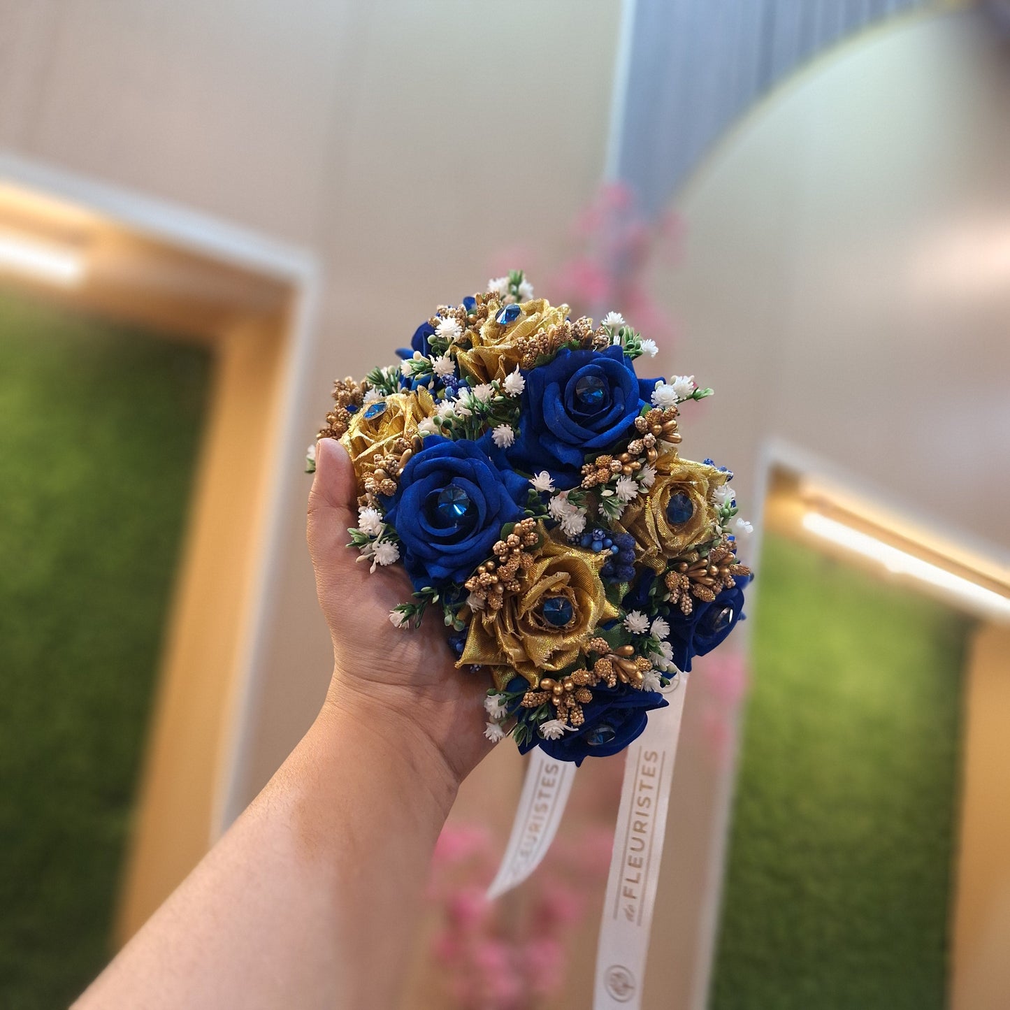 Royal Blue & Gold Rose Hand Bouquet