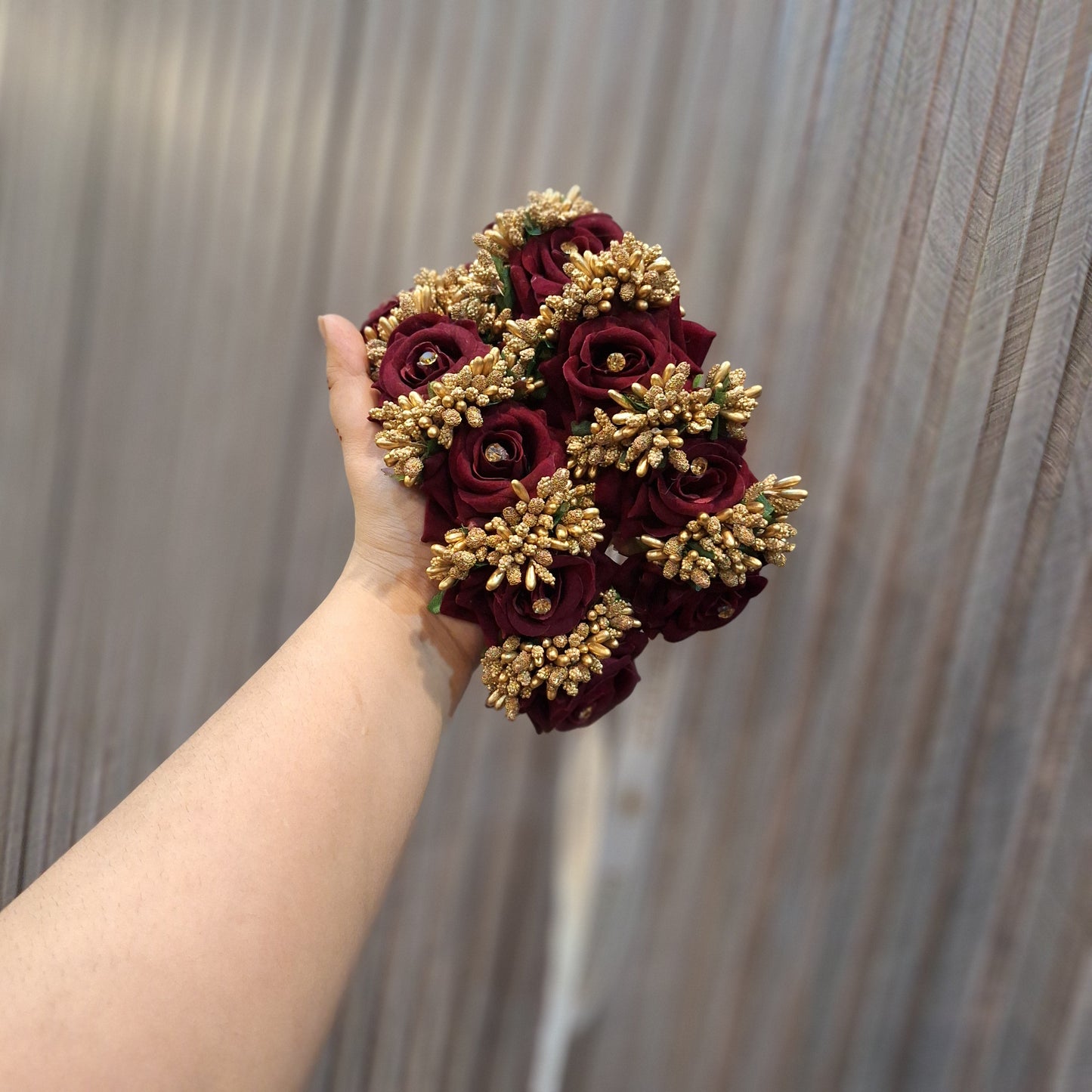Maroon Rose Floral Bangle (Gajra) with Golden Accents