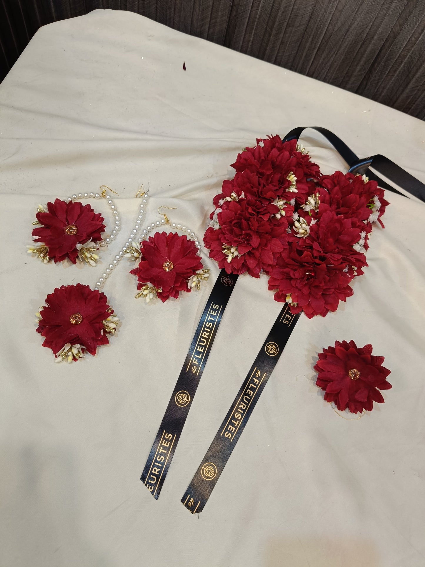 Deep Maroon Floral Jewelry Set with Pearl Accents