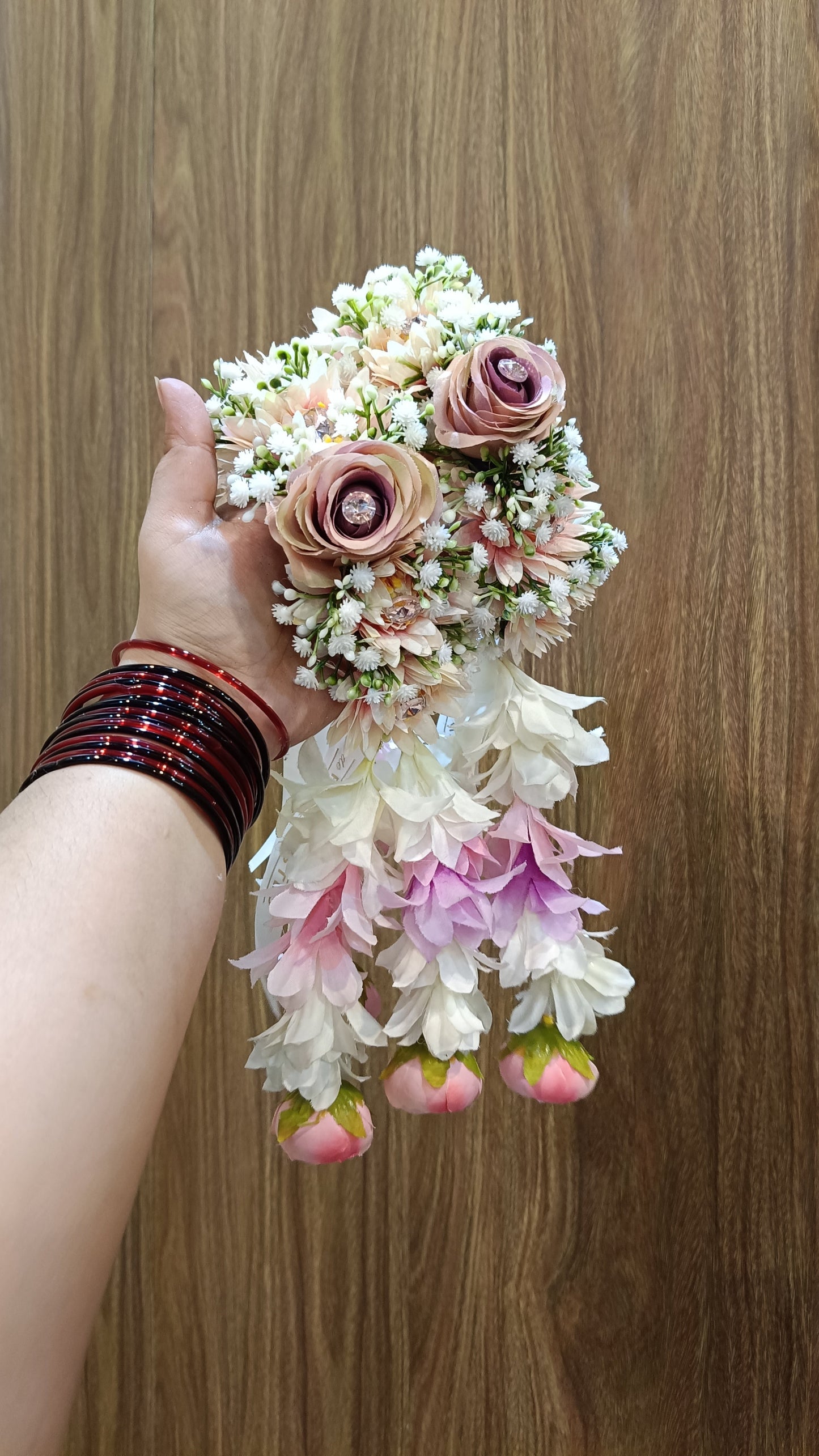 Elegant Dusty Pink Rose & Jasmine Floral Hair Gaira (Kaliyan)