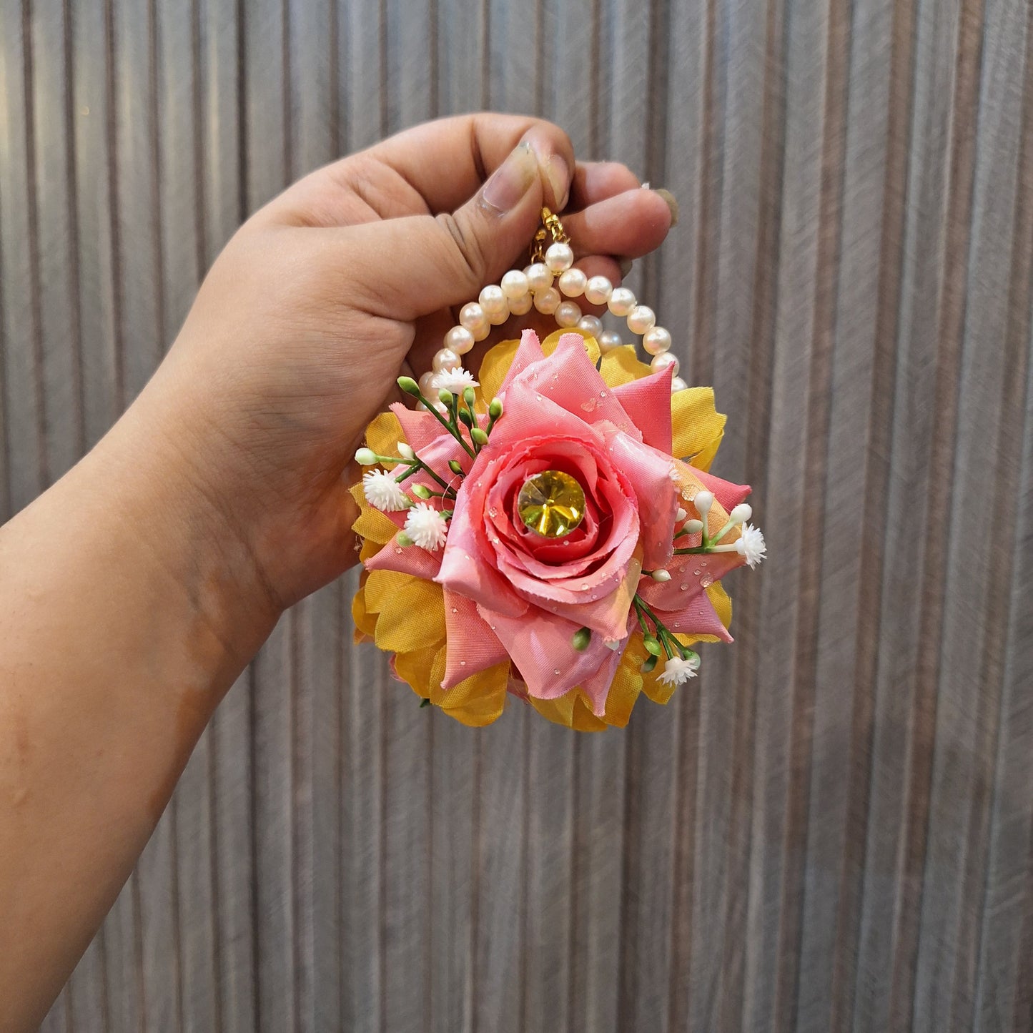 Elegant Pink and Yellow Floral Maang Tikka with Pearl Chain