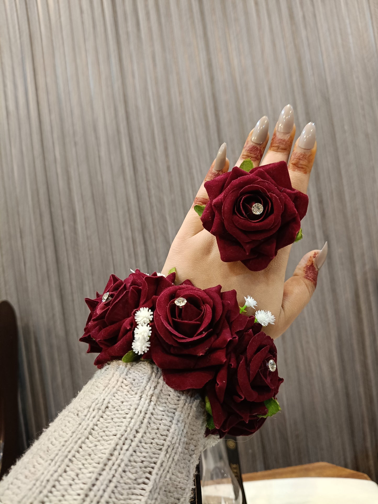 Deep Maroon Velvet Rose Floral Jewellery Set (Gajra & Ring)