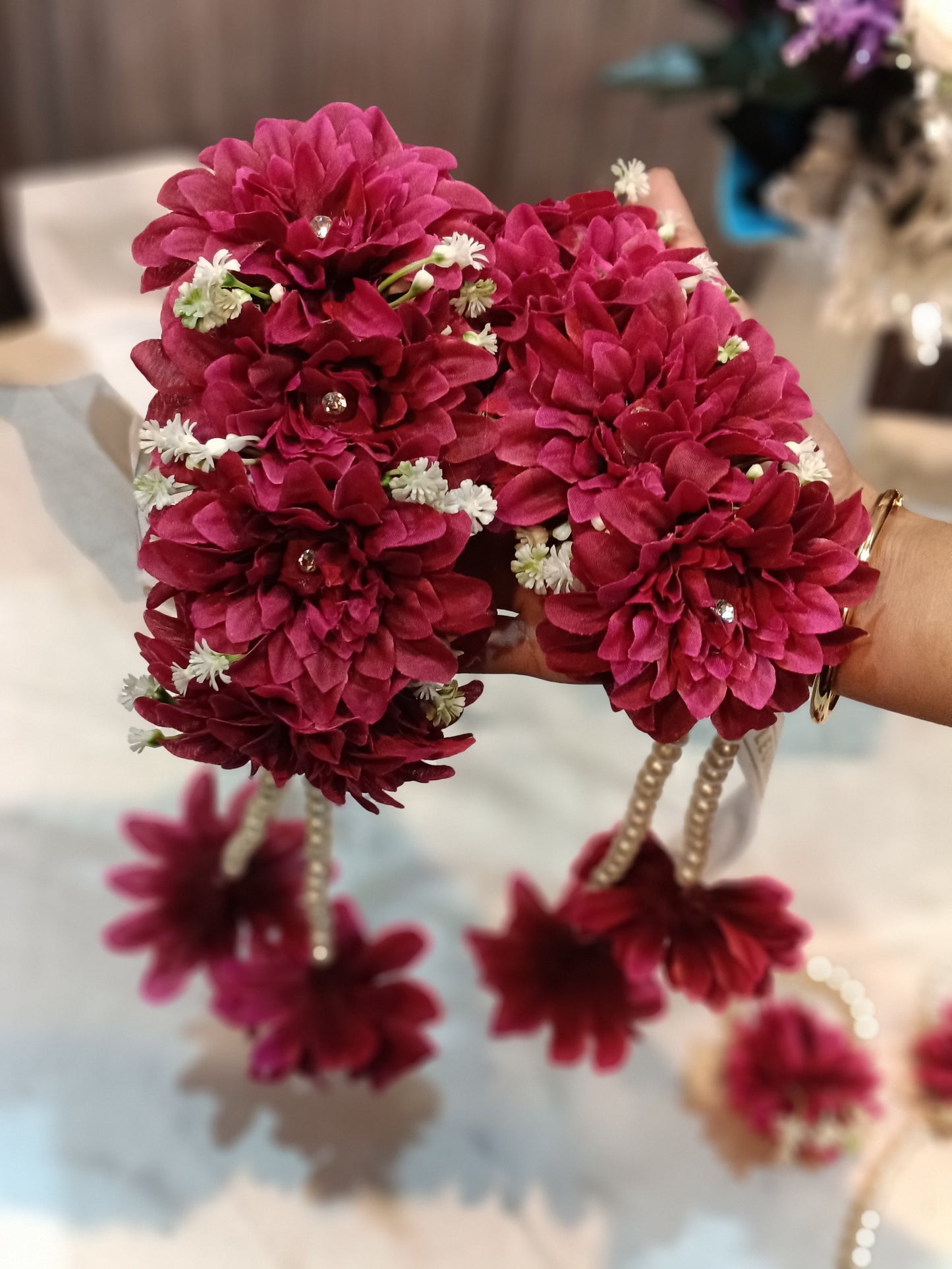Maroon Floral Jewellery Set with Pearl Hangings