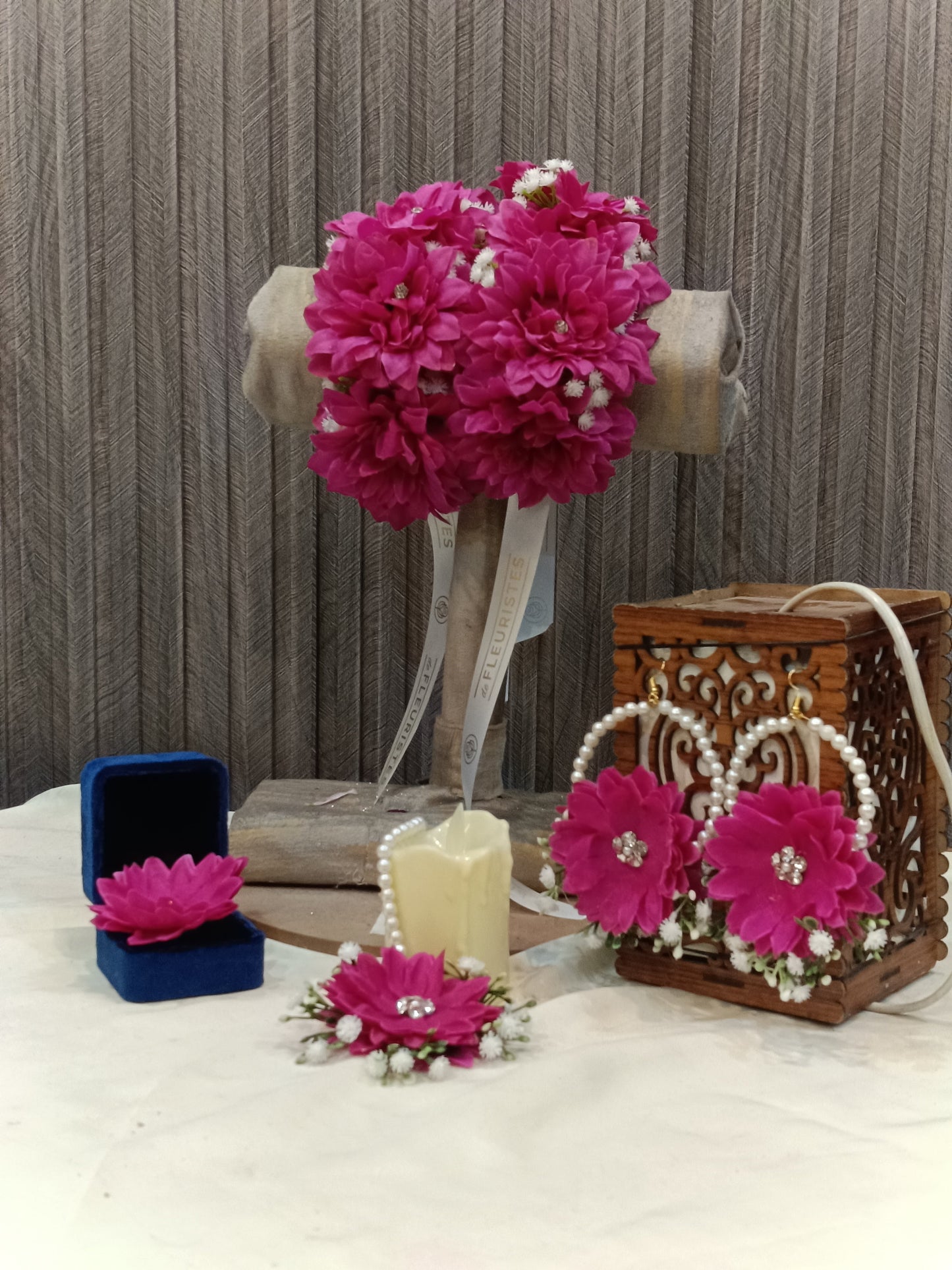 Handcrafted Magenta Floral Jewelry Set with Pearl Hoops & Gajray