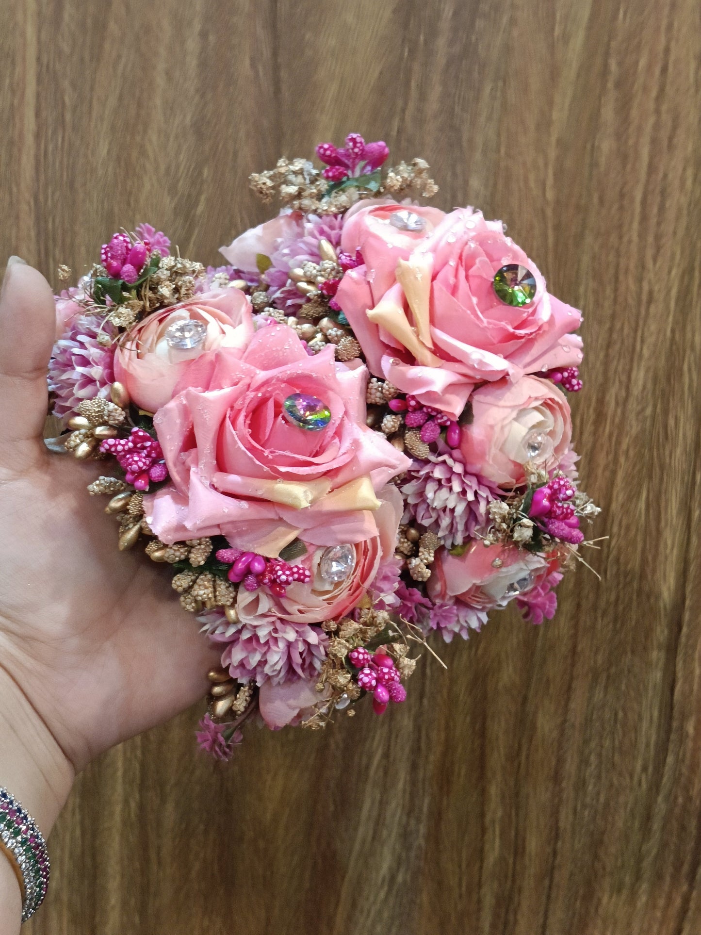 Elegant Pink Rose Floral Hair Gajara with Crystal Accents