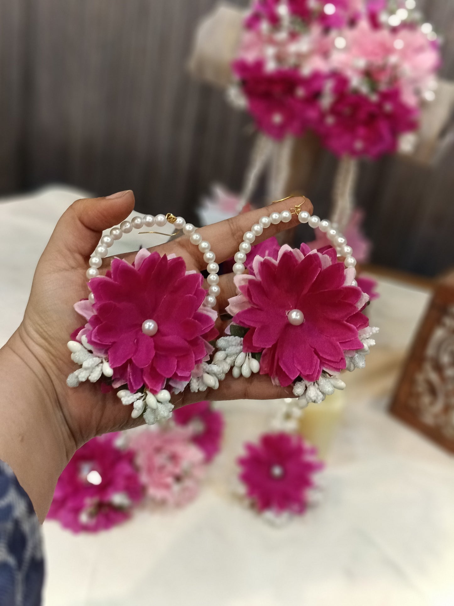 Pink & Magenta Floral Jewelry Set with Pearl Accents