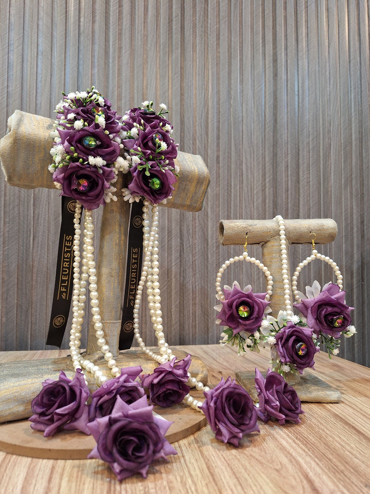 Handcrafted Deep Purple Rose Floral Jewelry Set with Pearl Hangings