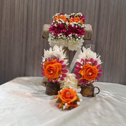 Handcrafted Orange & Magenta Floral Jewellery Set with Gajray