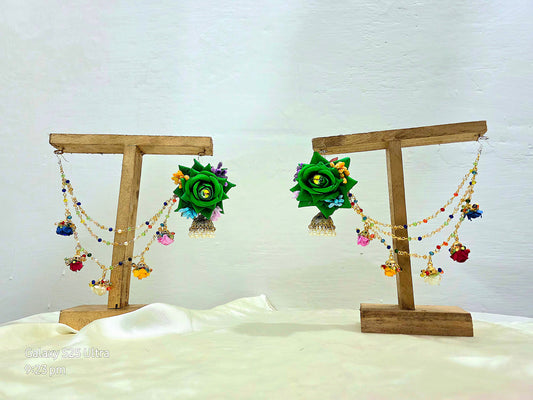 Vibrant Green Rose Saharay Earrings with Multi-Color Pearl Droplets