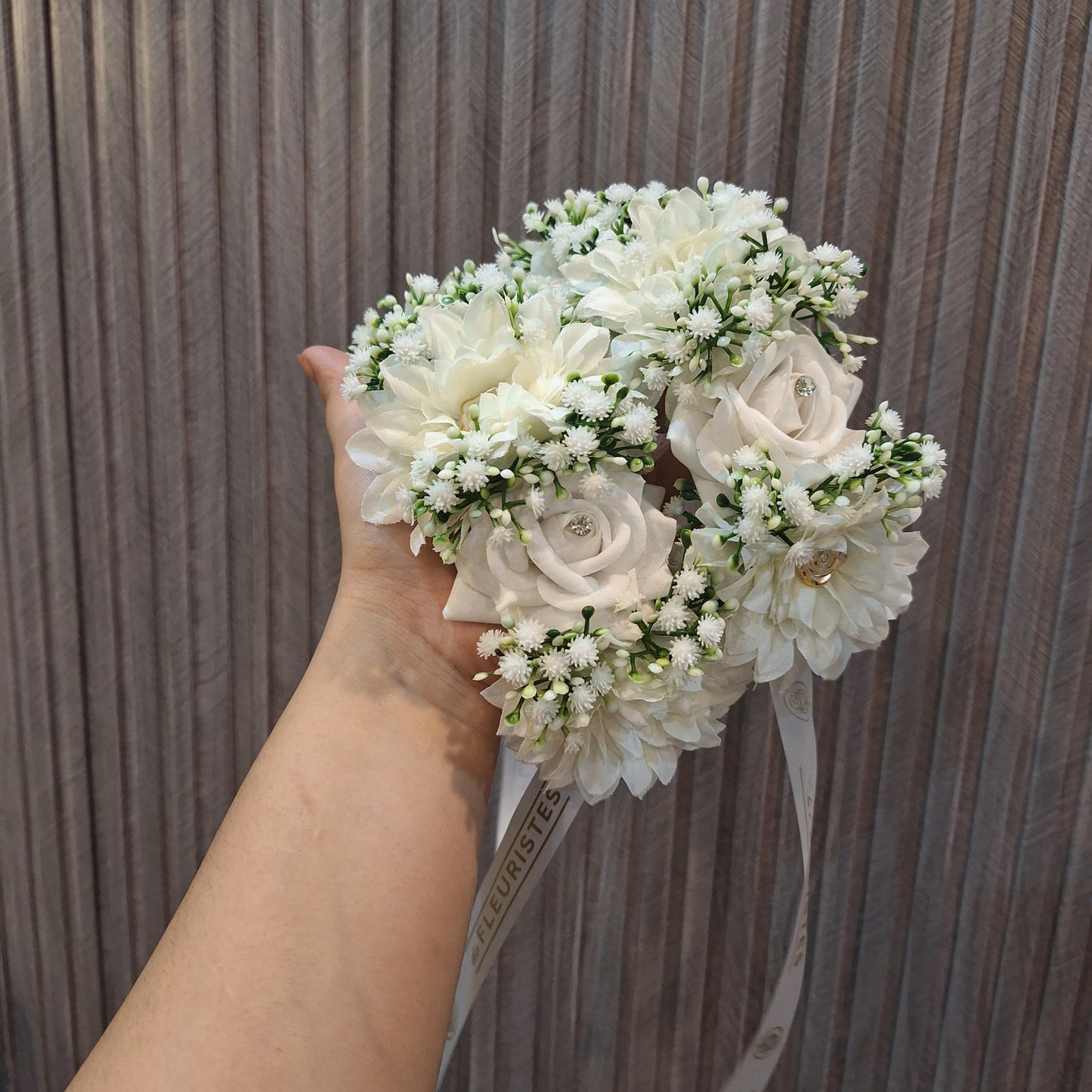 White Rose & Chrysanthemum Wrist Corsage with Pearl Accents
