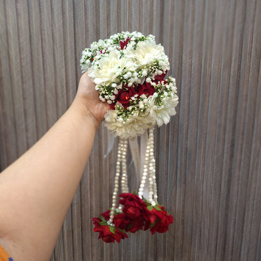 Red Rose & White Jasmine Floral Bracelet with Matching Earrings (Gajra Set)