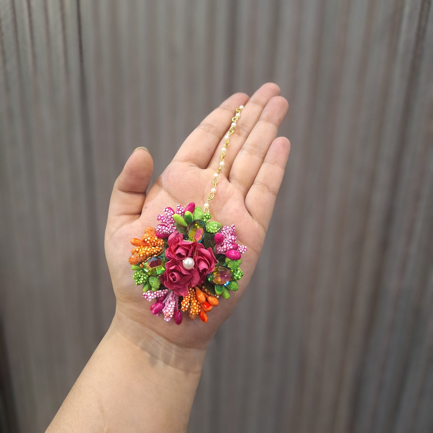 Vibrant Multi-Color Floral Maang Tikka with Pearl Accents