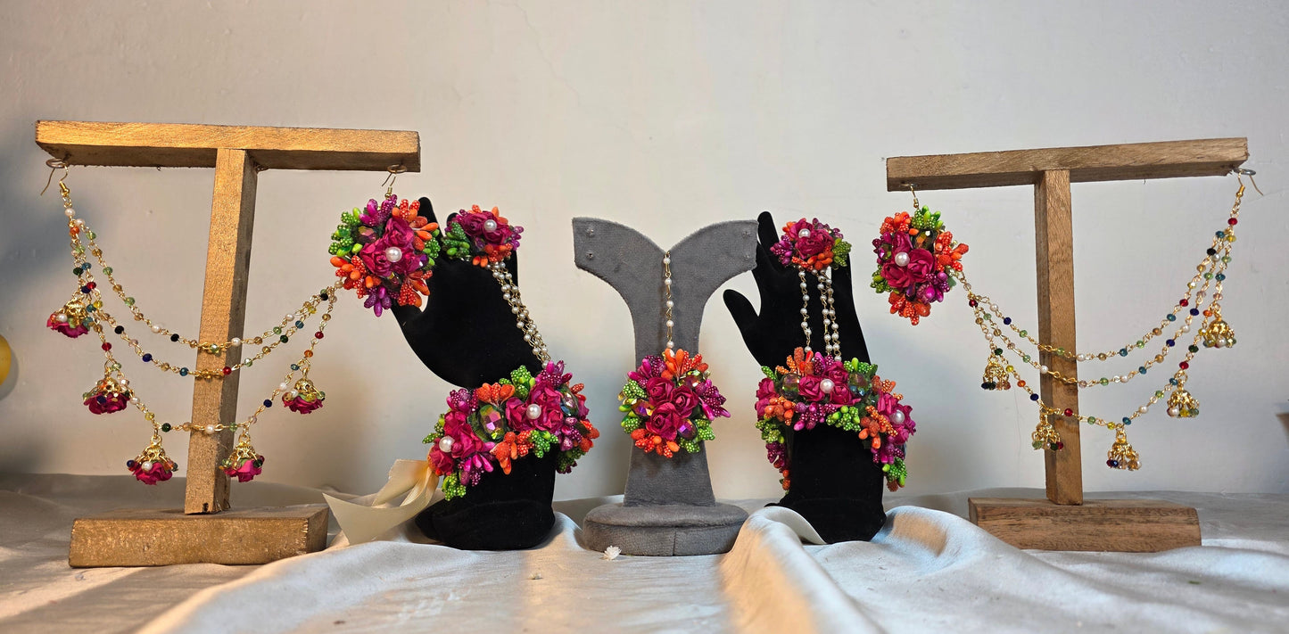 Handmade Multi-Color Floral Mehndi Jewellery Set with Pearl Accents