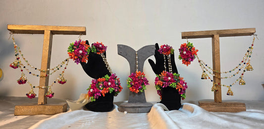 Handmade Multi-Color Floral Mehndi Jewellery Set with Pearl Accents
