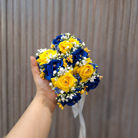 Royal Blue and Vibrant Yellow Rose Wrist Corsage