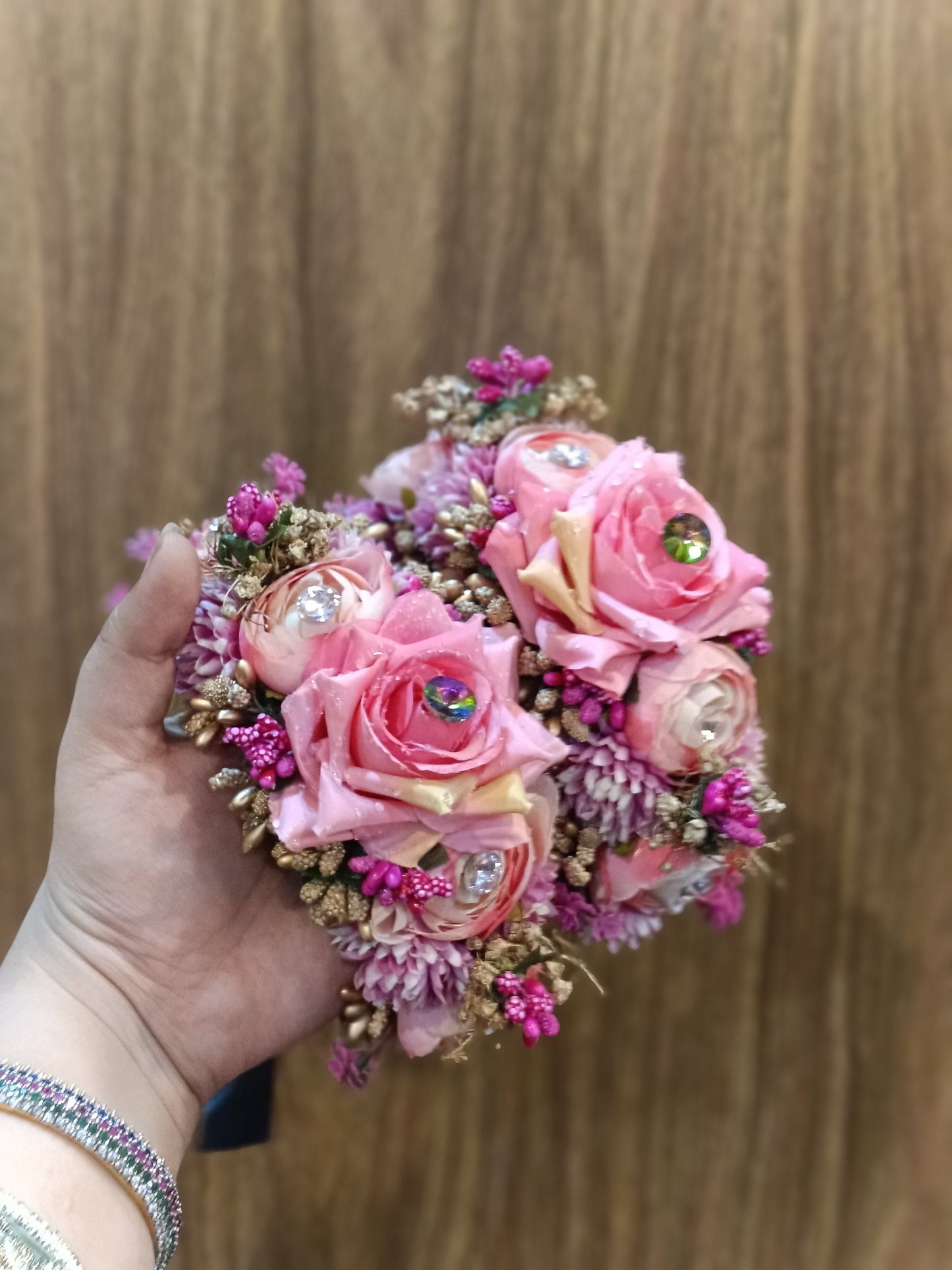 Elegant Pink Rose Floral Hair Gajara with Crystal Accents