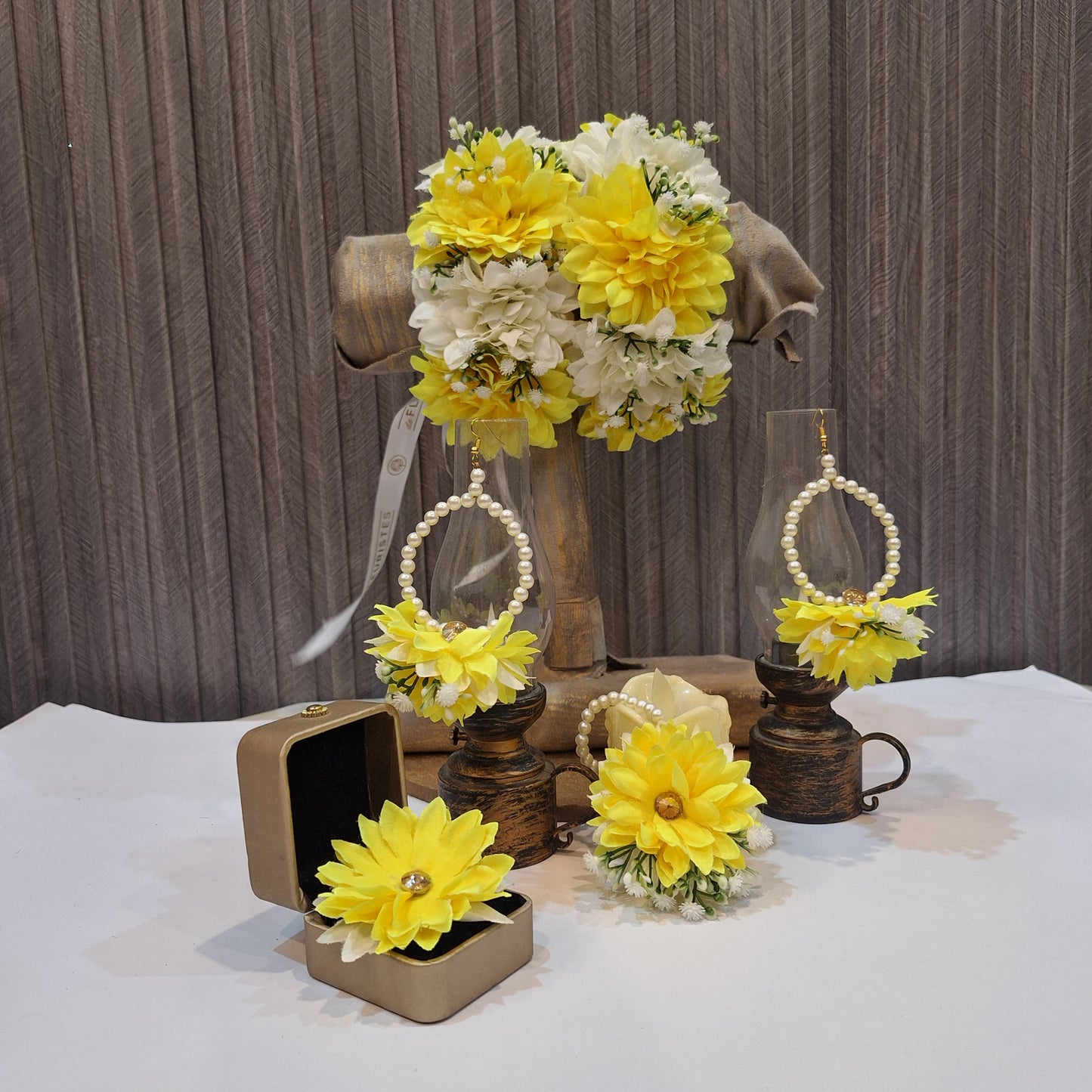 Yellow and White Floral Jewelry Set with Pearl Accents
