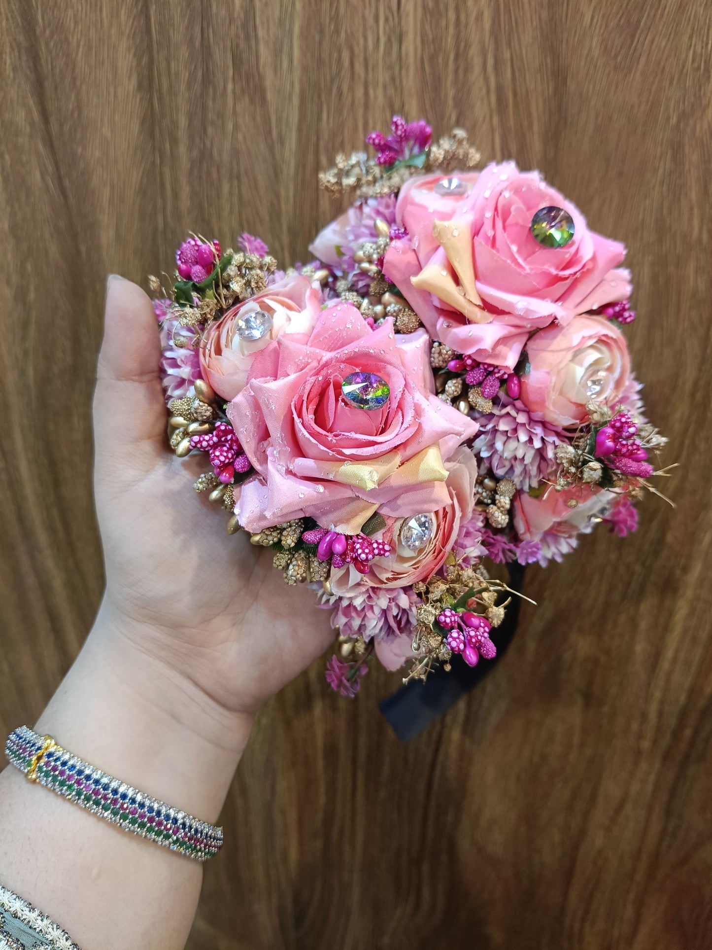 Elegant Pink Rose Floral Hair Gajara with Crystal Accents