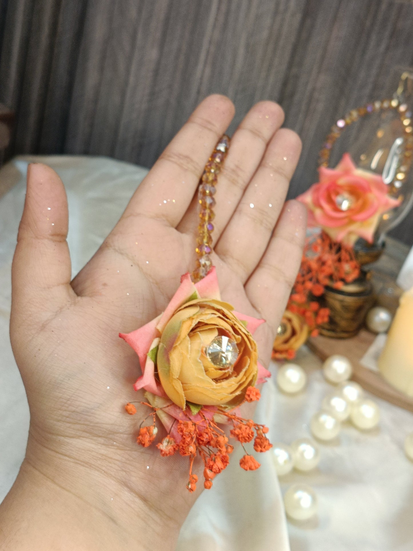 Peach and Amber Floral Jewelry Set with Diamante Accents