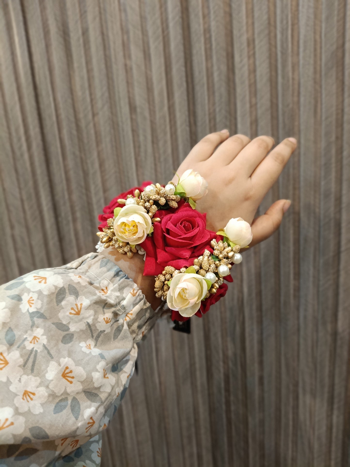Elegant Red & Cream Floral Wrist Corsage Set (Gajray)